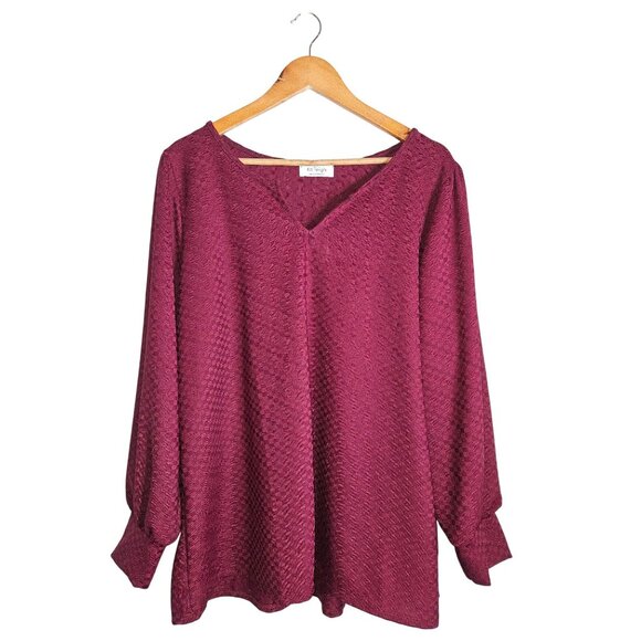 2/$35-Kaileigh Pullover Rich Textured Burgundy Long Sleeves Blouse Women 2X - Picture 1 of 11